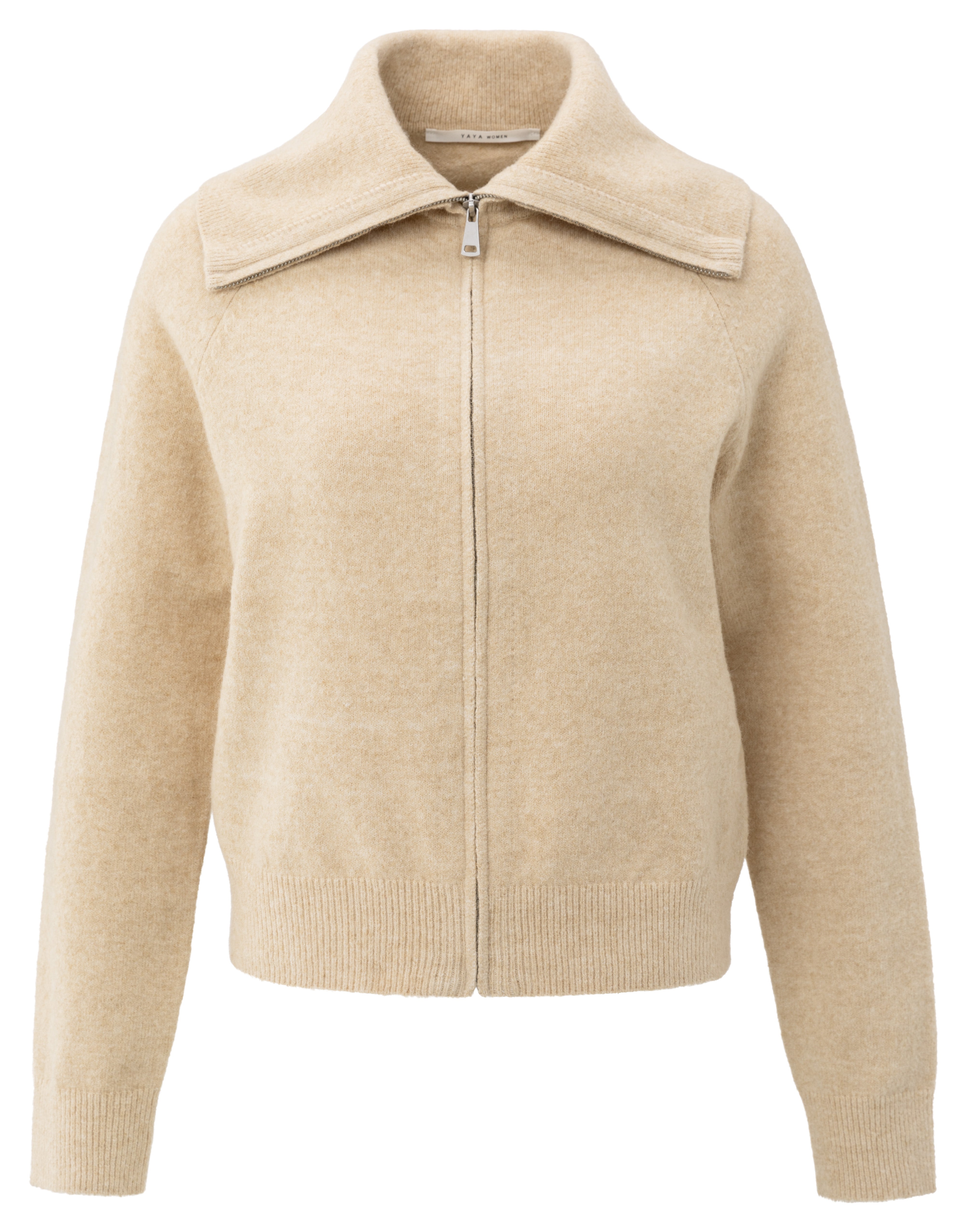 YAYA zip cardigan with wide collar in sand beige melange front view