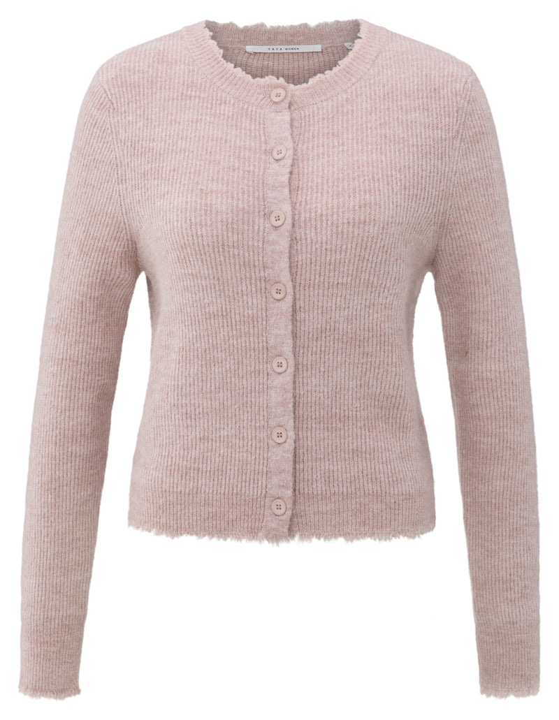 YAYA soft melange yarn cardigan with button front and scalloped trim detail