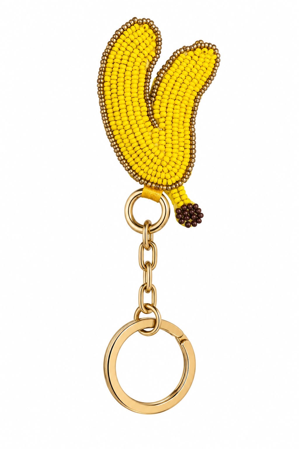 Piti Cuiti peeled banana bag charm in yellow glass seed beads with a brown beaded stem