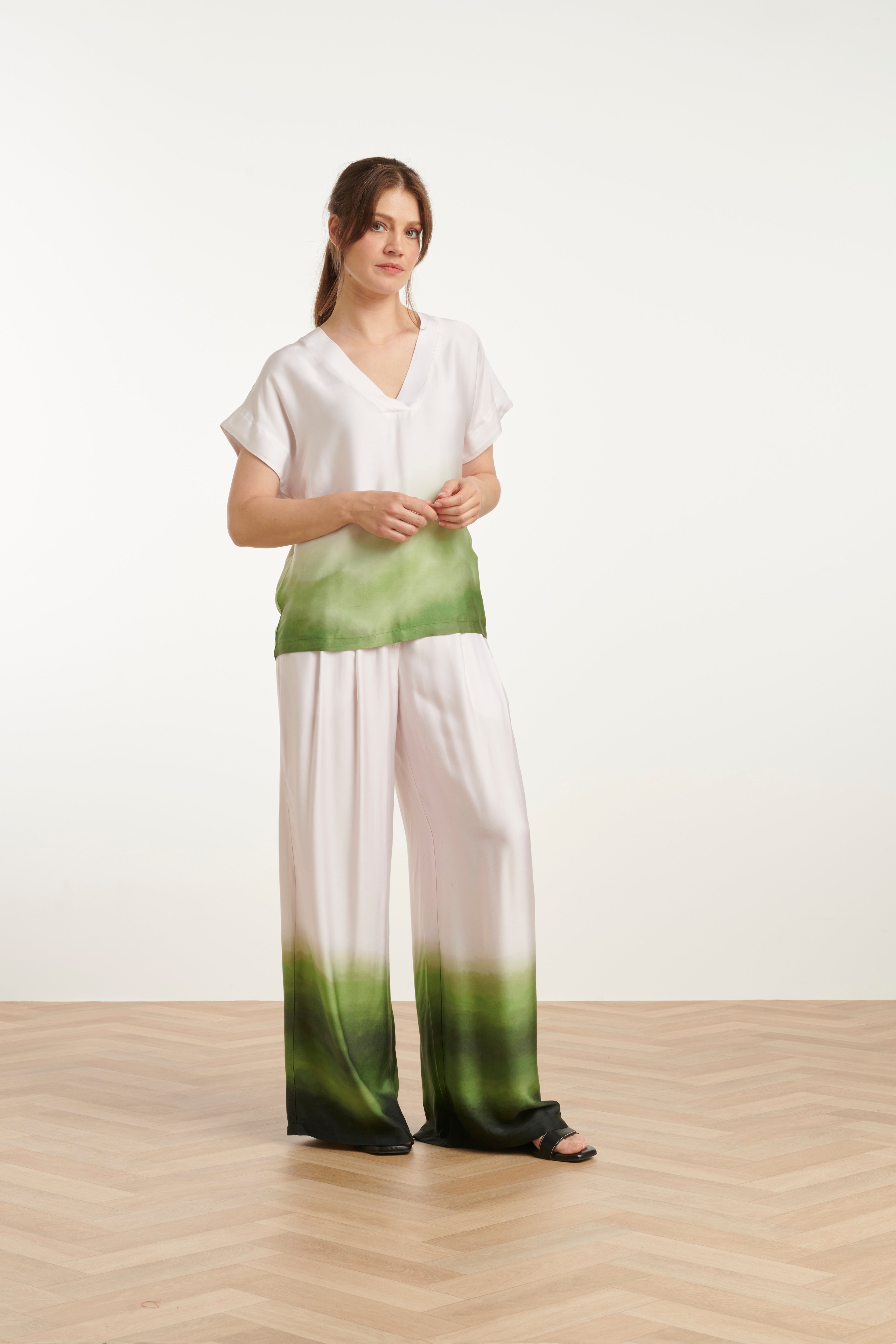 Smashed Lemon | Ombre Satin Trousers in Off White & Green