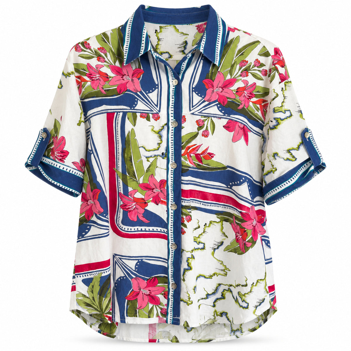 Gordon Smith Monaco shirt in Sardinia Blue, short sleeve scarf print shirt with navy and red border stripe and magenta lilies, front view