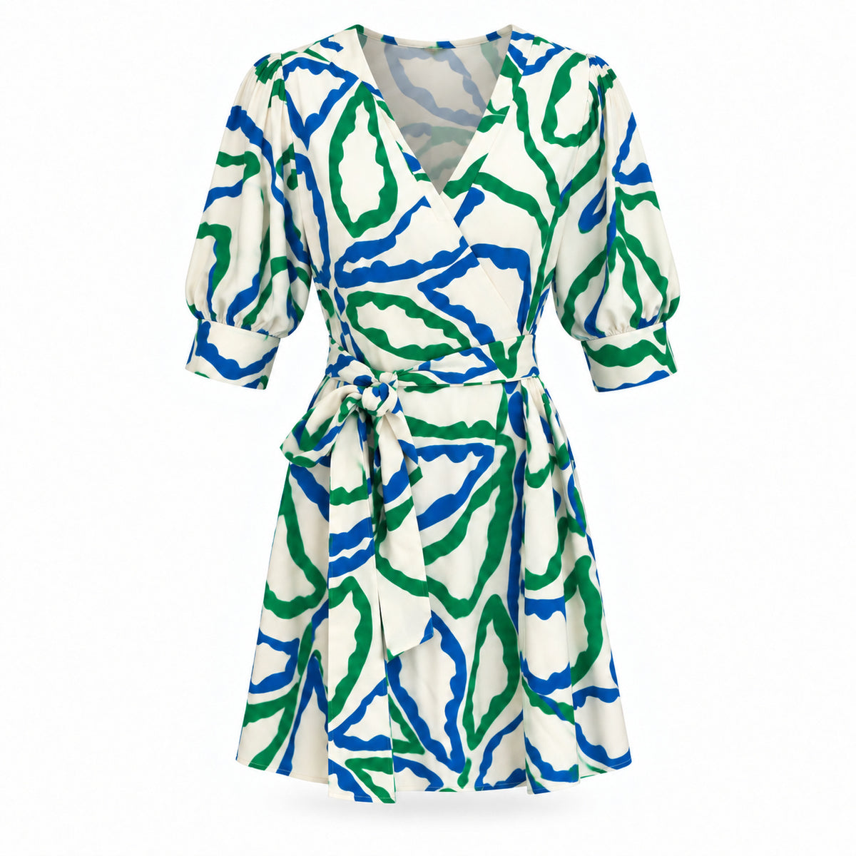 Smashed Lemon wrap dress in an abstract cobalt blue and green print on cream, puff sleeves and a self tie belt, front view