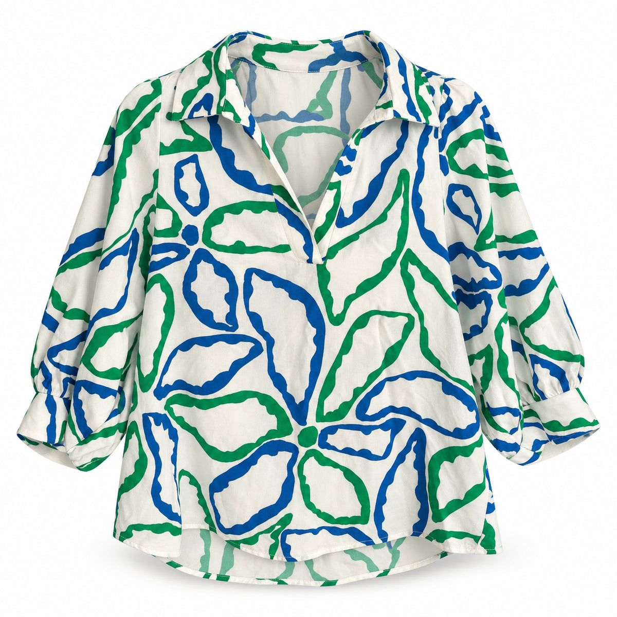 Smashed Lemon top in an abstract cobalt blue and green petal print on off-white, collared V neckline and three-quarter sleeves, front view