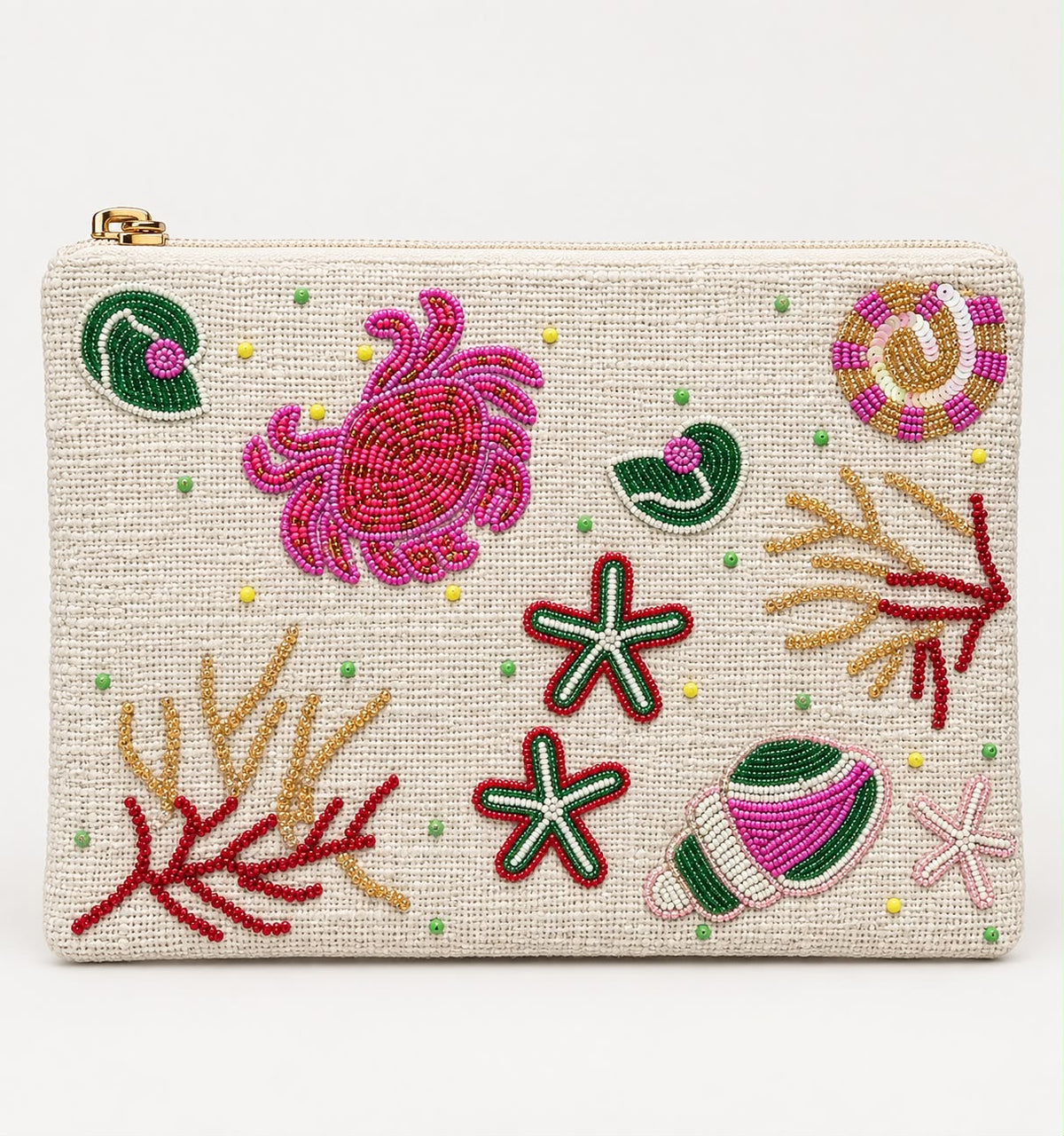 Piti Cuiti hand beaded clutch, cream woven pouch with a pink crab, starfish, shells and coral in glass beads