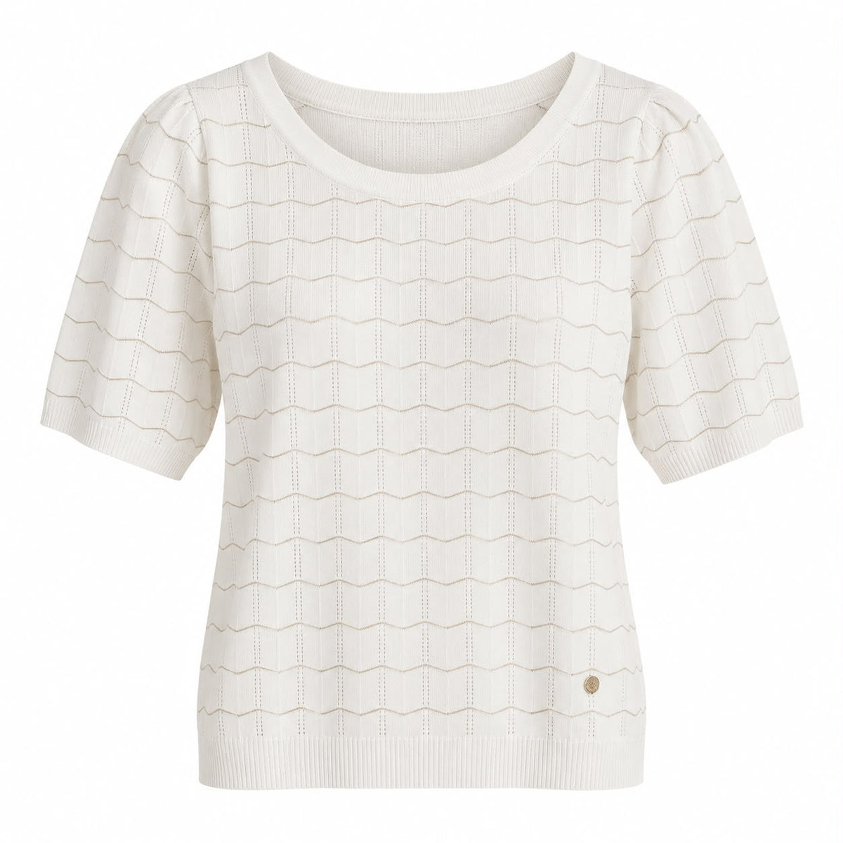 Smashed Lemon pointelle lurex knit top in white and gold, flat front view