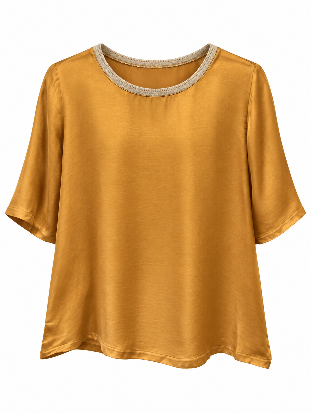 Andam satin blouse in camel, front view showing the relaxed silhouette and elbow-length sleeves