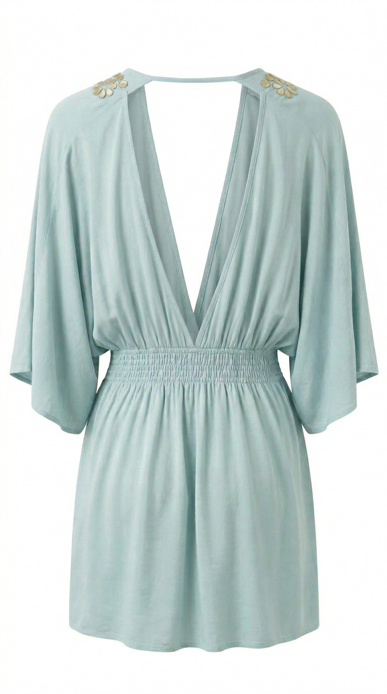 Isla Bonita aqua embroidered kaftan dress with tassel tie neckline and wide sleeves
back