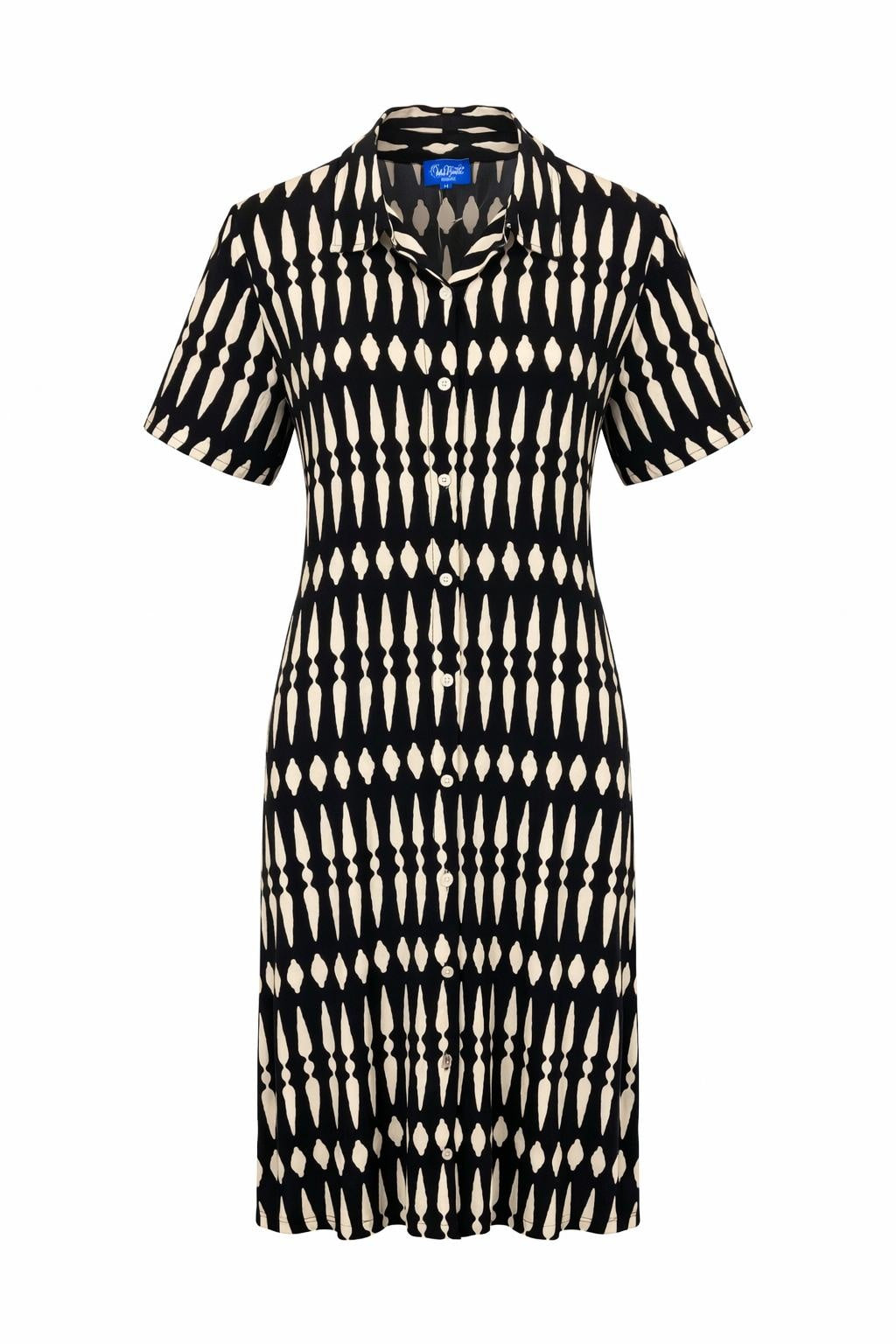 Isla Bonita black and beige geometric printed shirt dress with short sleeves and button front