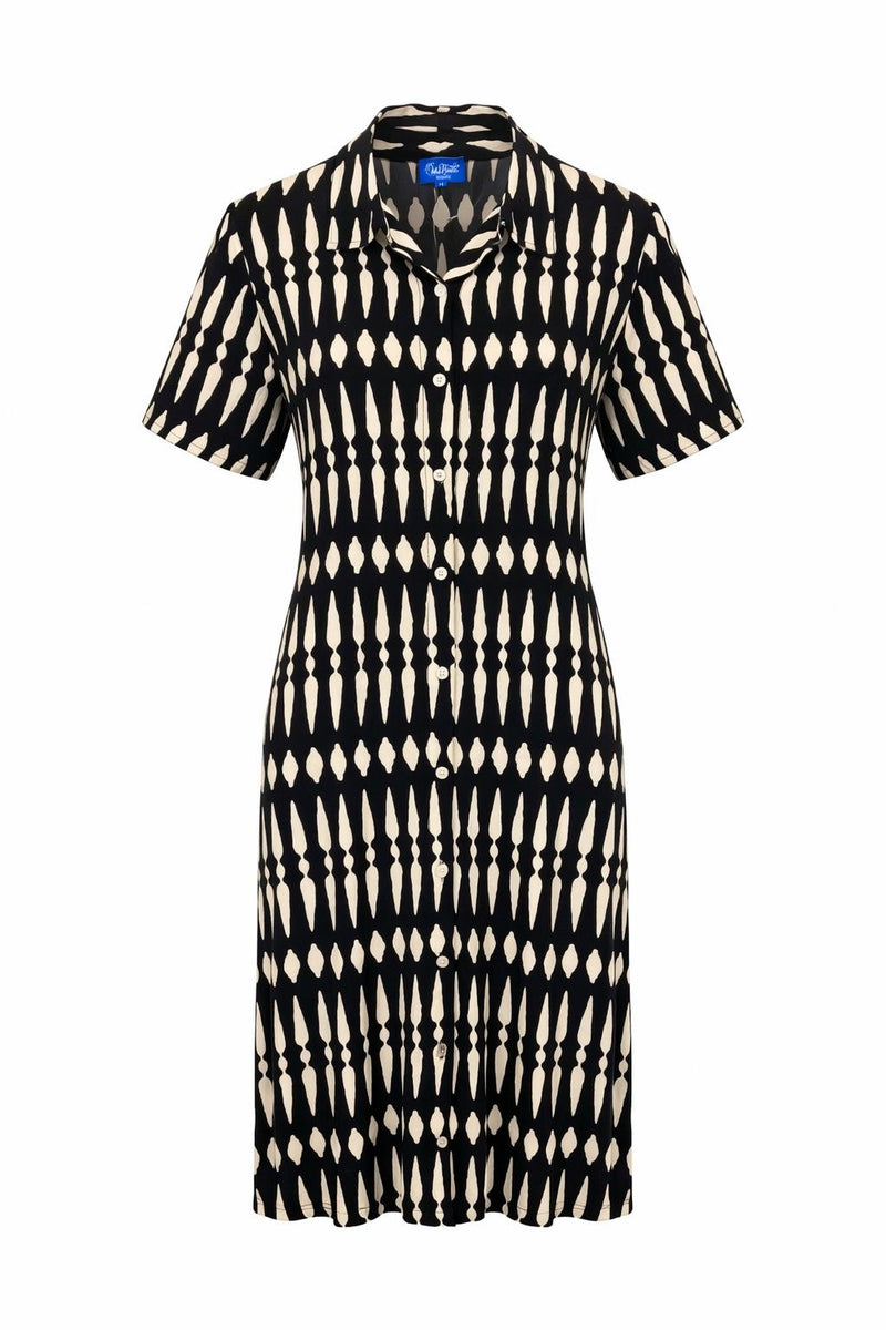 Isla Bonita black and beige geometric printed shirt dress with short sleeves and button front