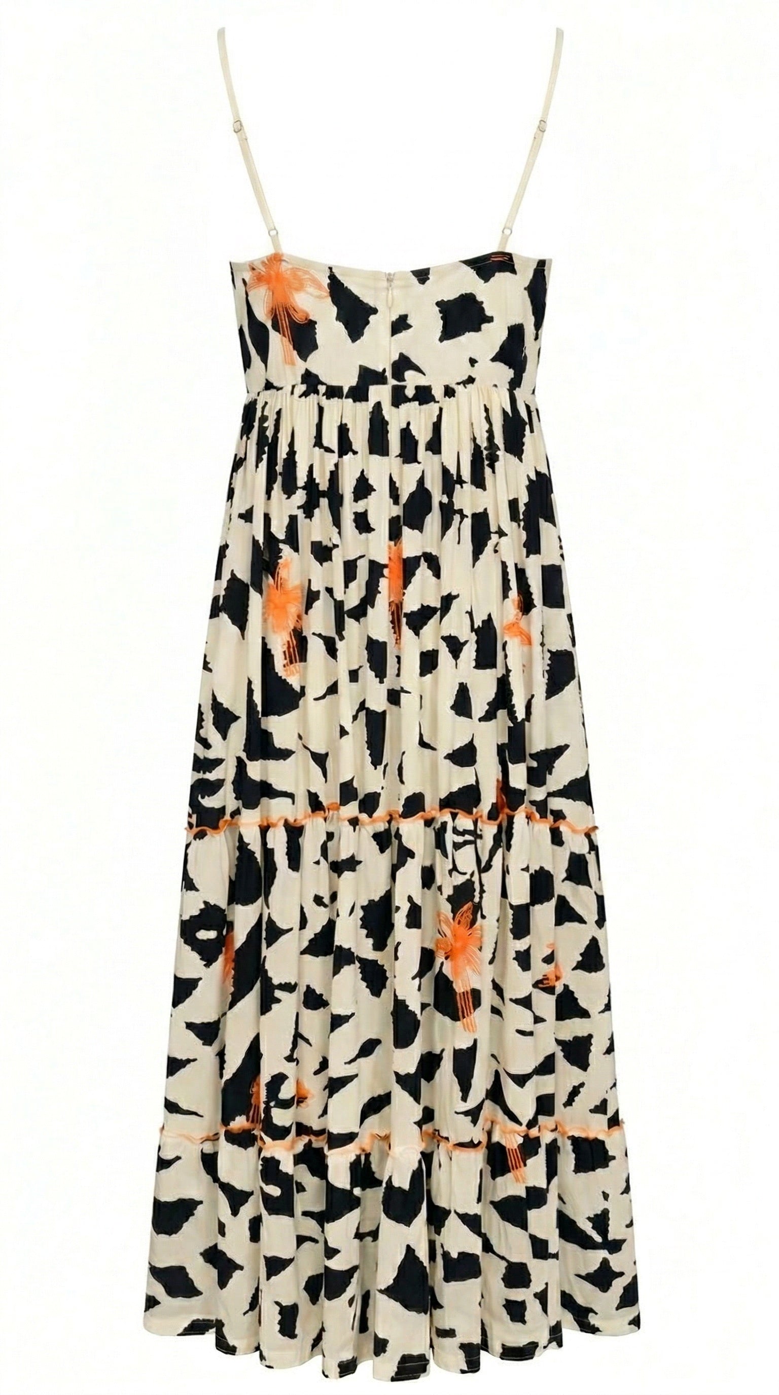 Isla Bonita black and cream printed maxi dress with spaghetti straps and tiered skirt back