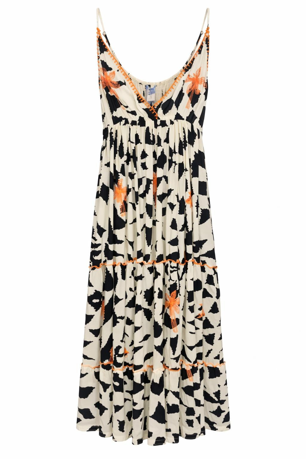 Isla Bonita black and cream printed maxi dress with spaghetti straps and tiered skirt front
