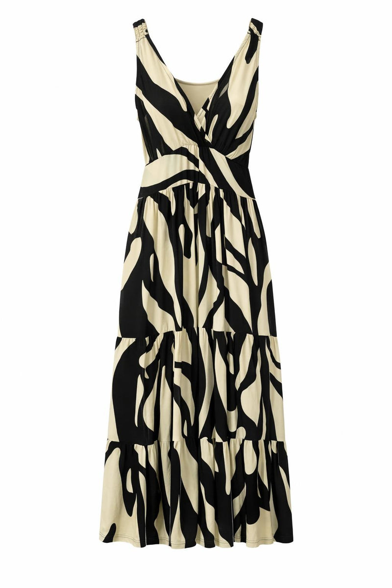 Isla Bonita black and white abstract printed maxi dress with V-neck and tiered skirt front