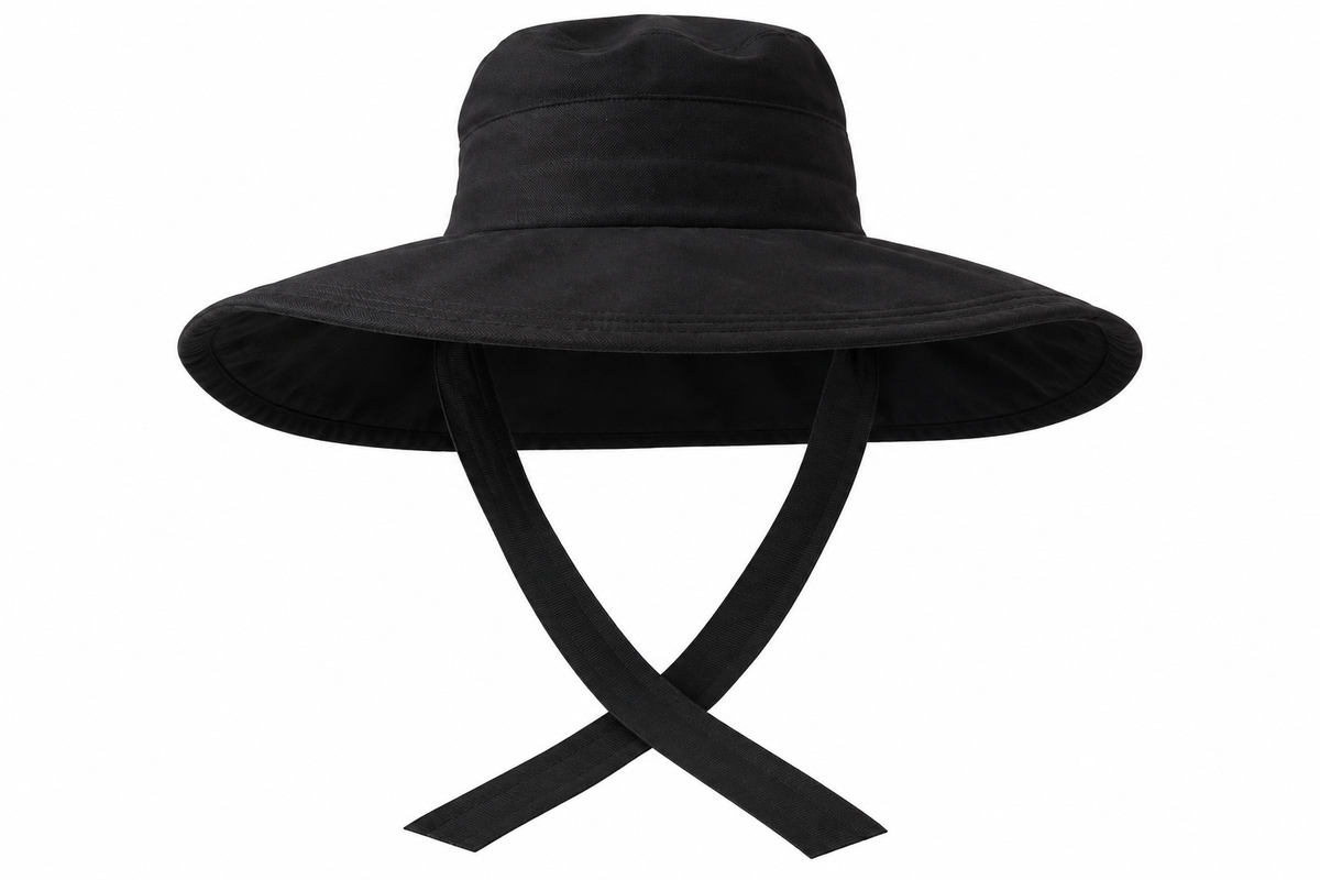 Crystal Birch Poppy hat in black canvas, front view showing the wide brim and crossed chin ties
