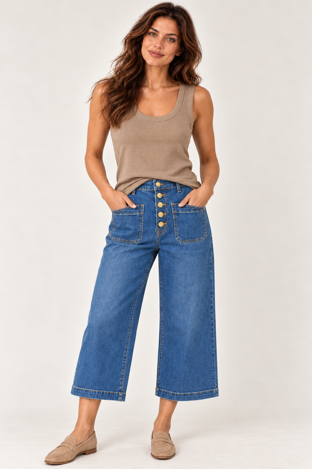 Model wearing the YAYA rib singlet in Tan Brown with La Petite Étoile Atlanta button front wide leg jeans #Colour_Tan Brown