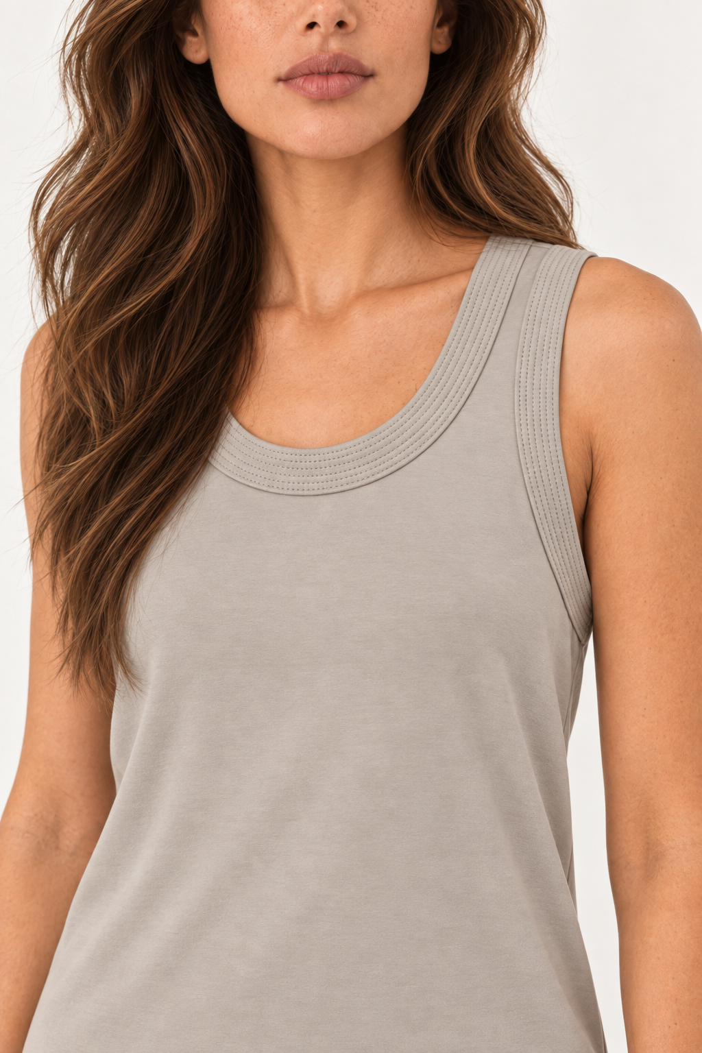 YAYA stitched binding singlet in Crockery Brown, a warm taupe sleeveless tank styled for summer
