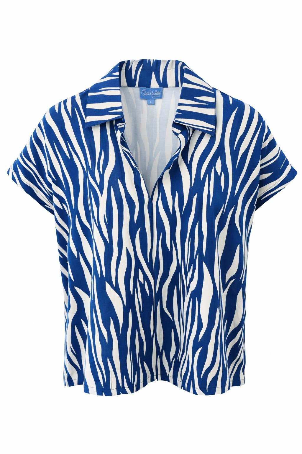 Isla Bonita cobalt and white abstract printed short sleeve shirt with collar front
