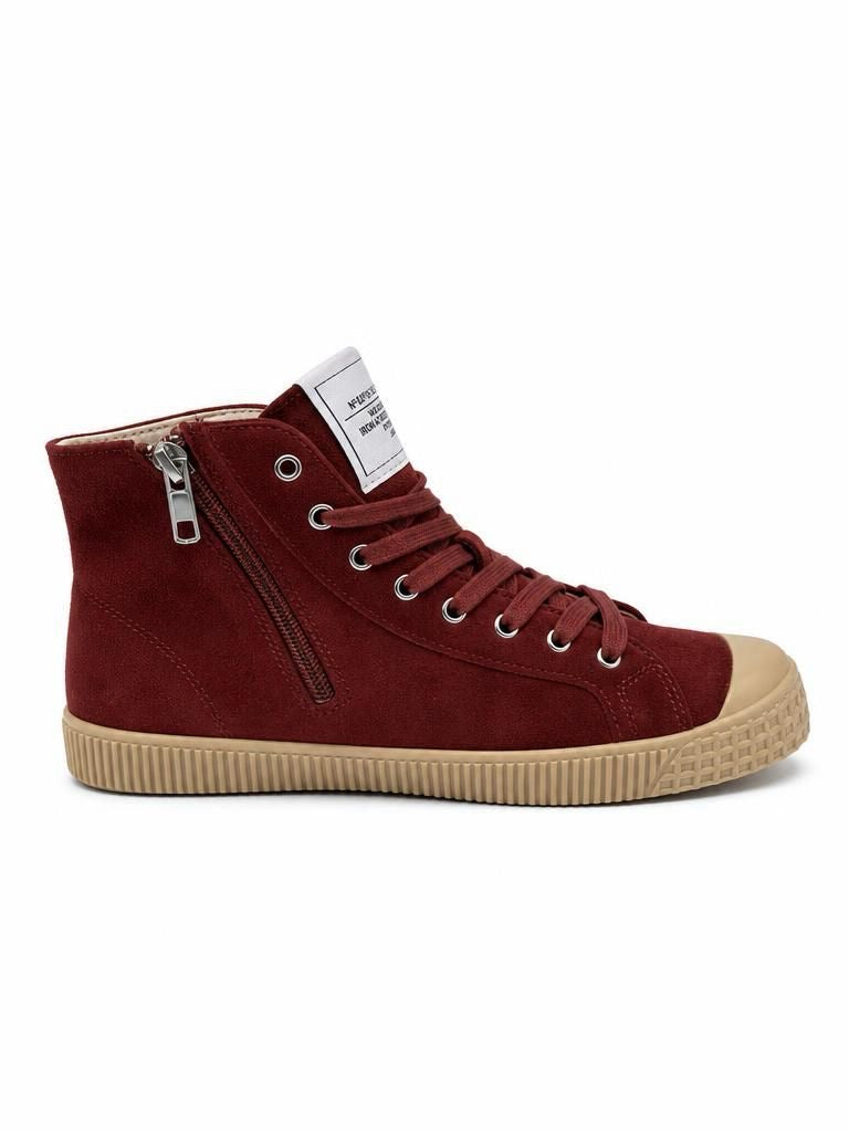 Corina Bordeaux suede high-top sneaker with lace-up front and rubber sole
