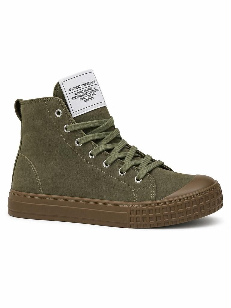 Corina khaki suede high-top sneaker with lace-up front and brown rubber sole
