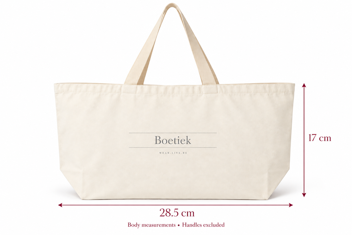 Boetiek large canvas tote with body measurements marked