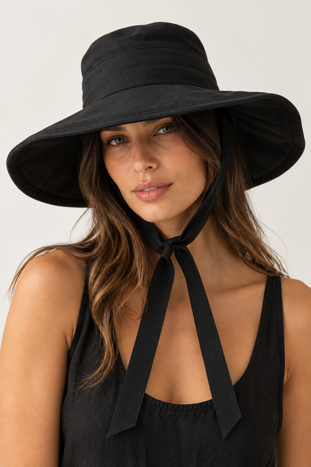 Model wearing the Crystal Birch Poppy wide brim canvas hat in black, ties knotted at the neck