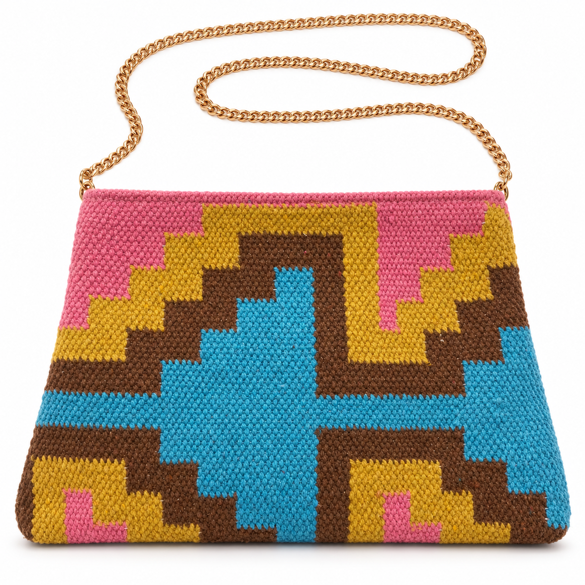 Piti Cuiti woven chain clutch with a stepped cross in turquoise and mustard over pink