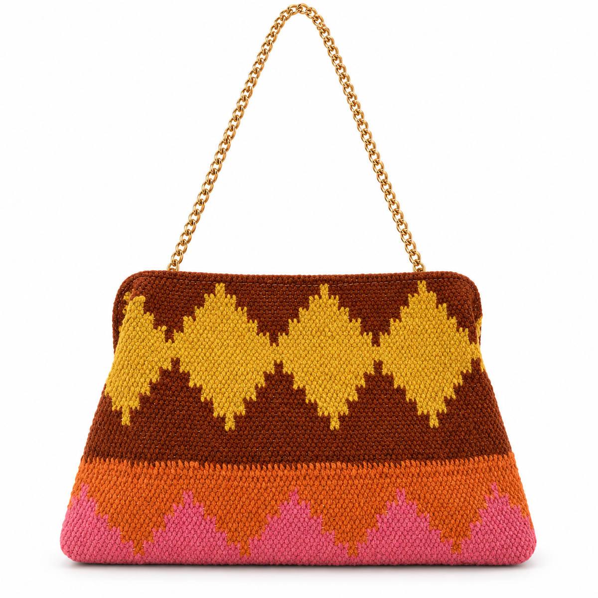 Piti Cuiti woven chain clutch with mustard and pink zigzags over rust and chocolate