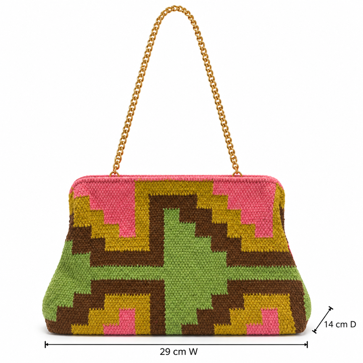 Piti Cuiti woven geometric chain bag in pink and olive green, shown with 29 cm by 14 cm measurements
