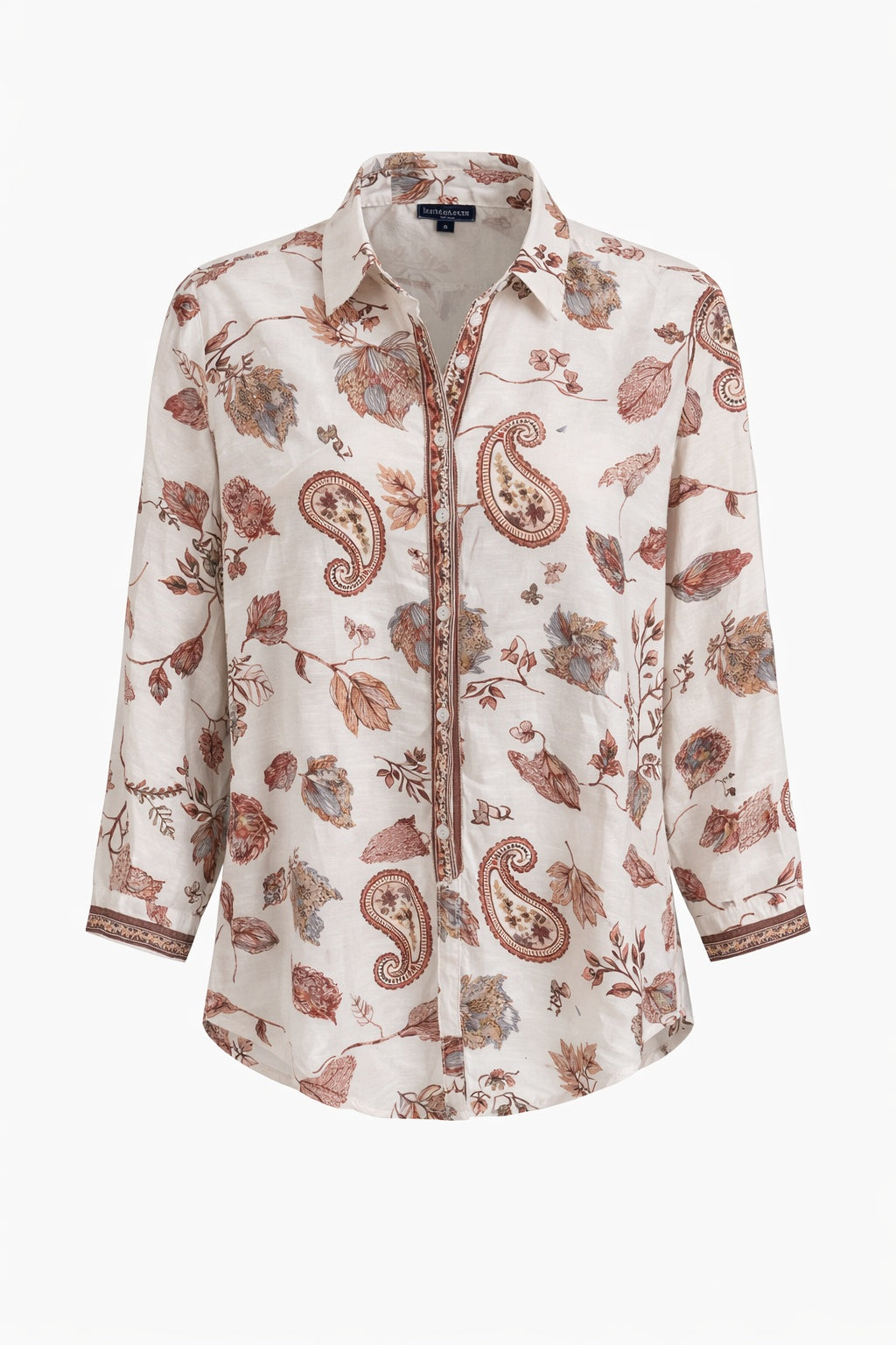 Natural multi-colour paisley print shirt with three-quarter sleeves and button front by Gordon Smith