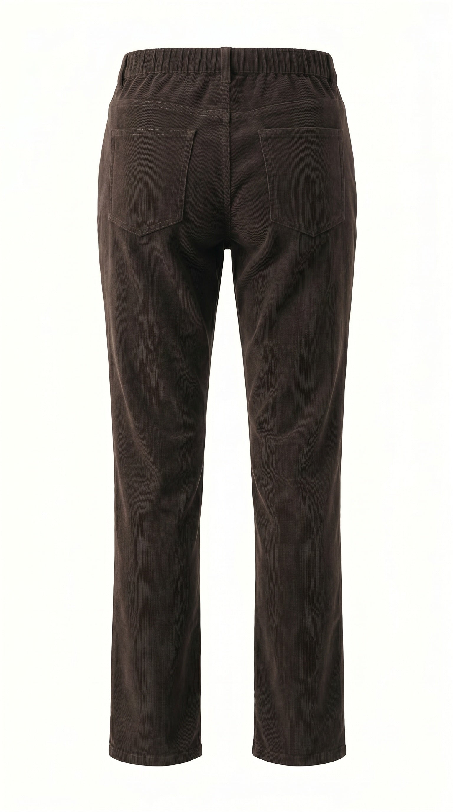 A pair of Gordon Smith corduroy pants in a rich coffee brown colour, featuring a soft textured fabric, elastic waistband, and a straight leg silhouette.