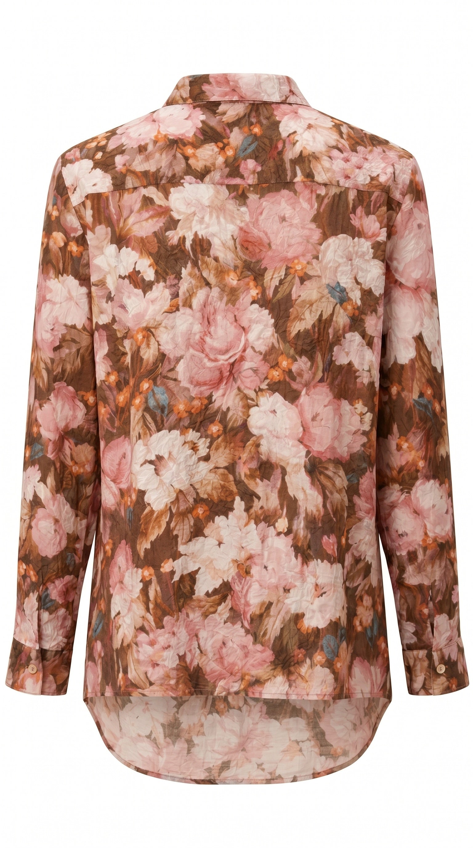 A Gordon Smith shirt featuring a soft blush multi floral print, designed with a classic collar, button-through front, and long sleeves in a lightweight, flowing fabric.