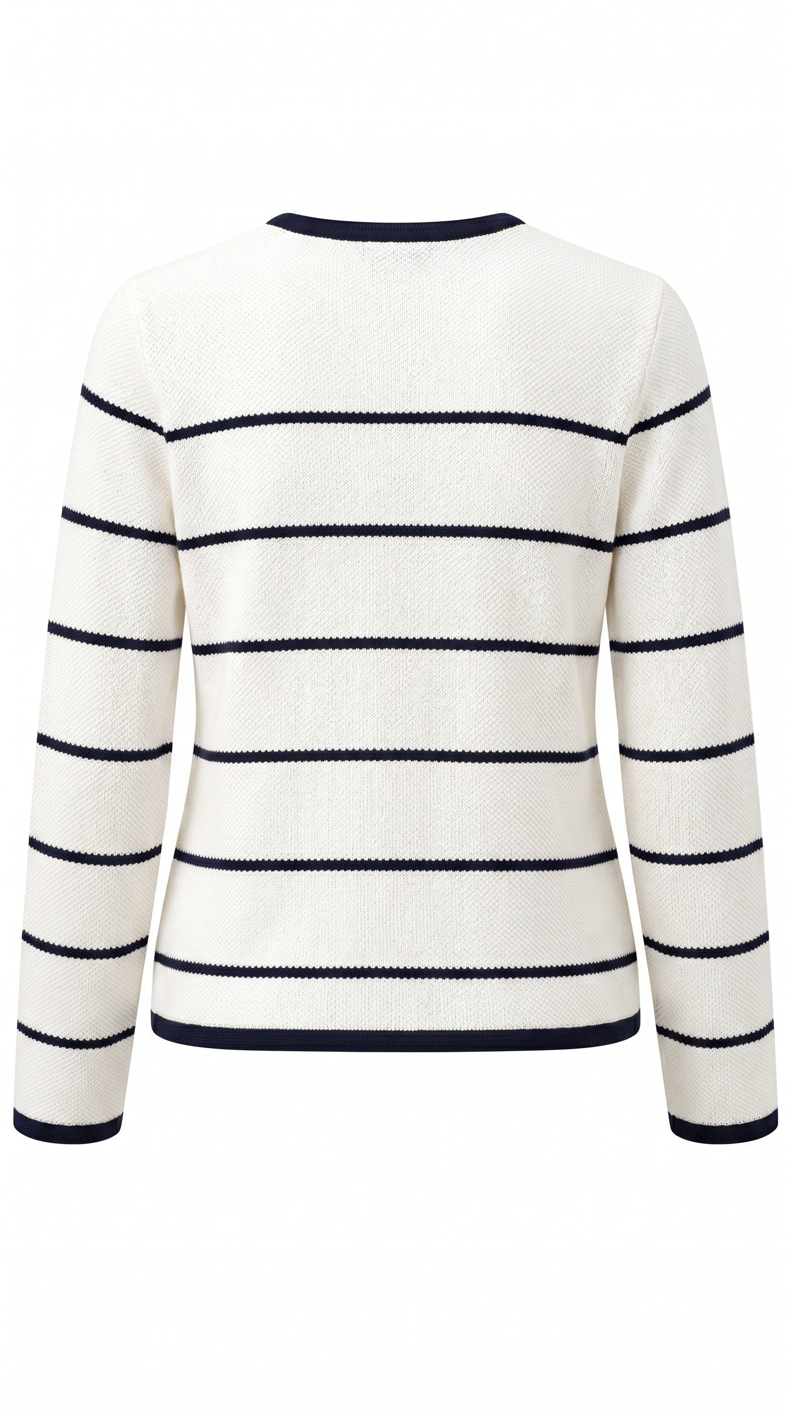 Ivory and navy striped knit cardigan with gold buttons and front pockets by Gordon Smith