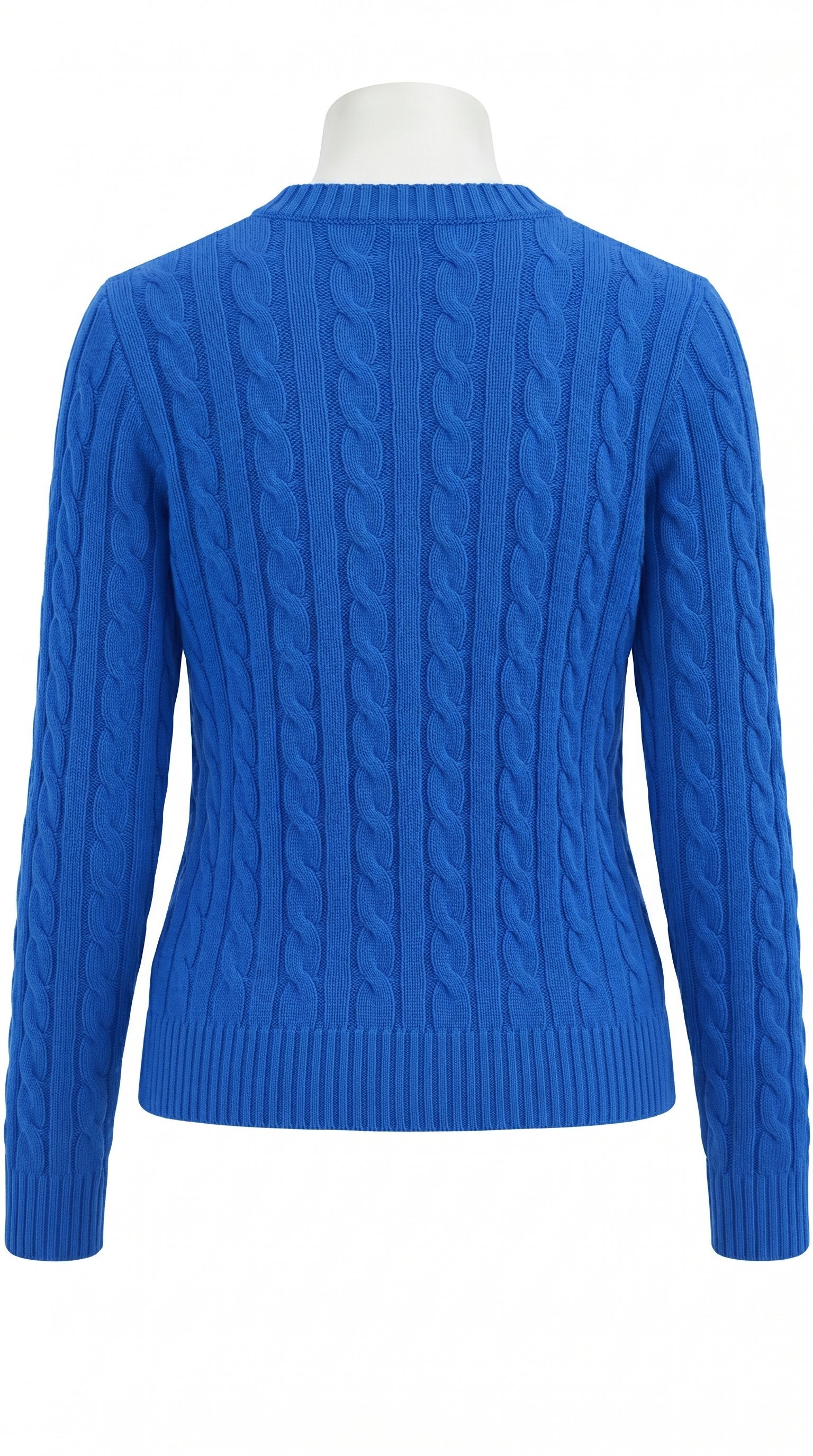 Cobalt blue cable knit jersey with long sleeves and crew neckline by Gordon Smith
