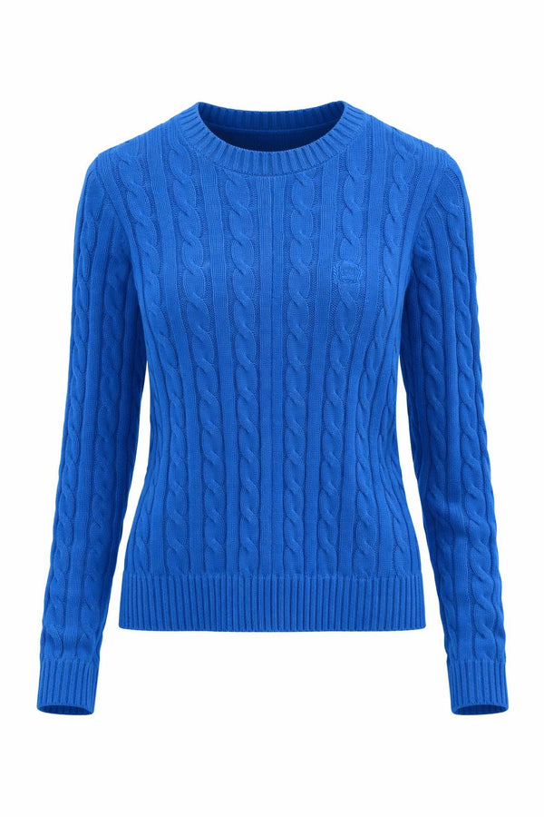 Cobalt blue cable knit jersey with long sleeves and crew neckline by Gordon Smith