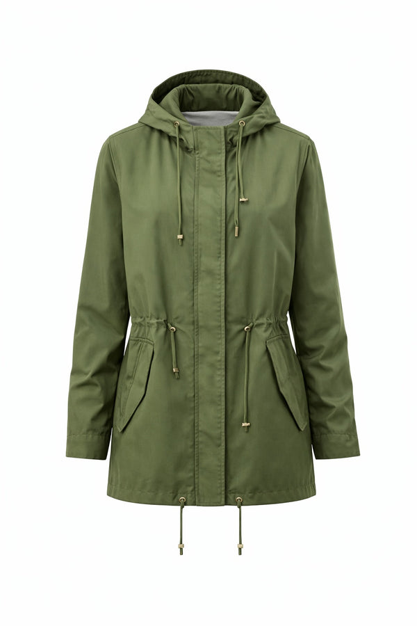 Khaki lightweight hooded jacket with drawstring waist and front pockets by Gordon Smith
