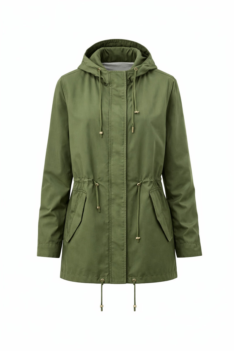 Khaki lightweight hooded jacket with drawstring waist and front pockets by Gordon Smith