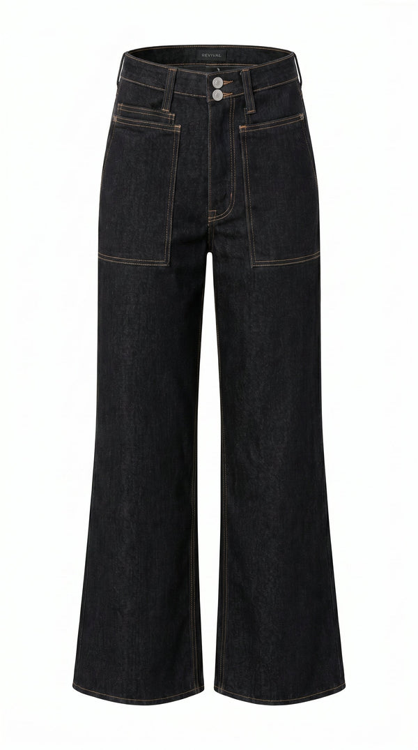 Black wide leg jeans with high waist, patch pockets and contrast stitching by Gordon Smith