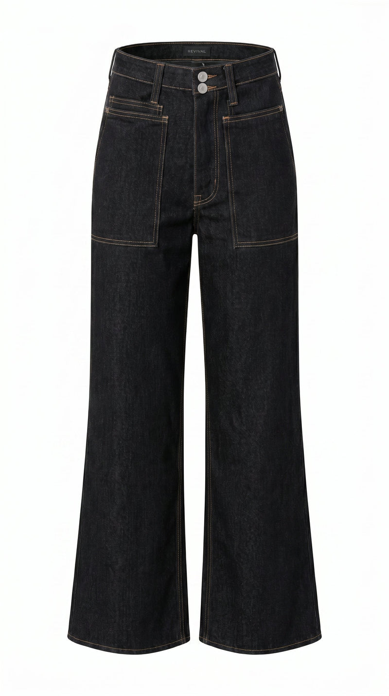 Black wide leg jeans with high waist, patch pockets and contrast stitching by Gordon Smith