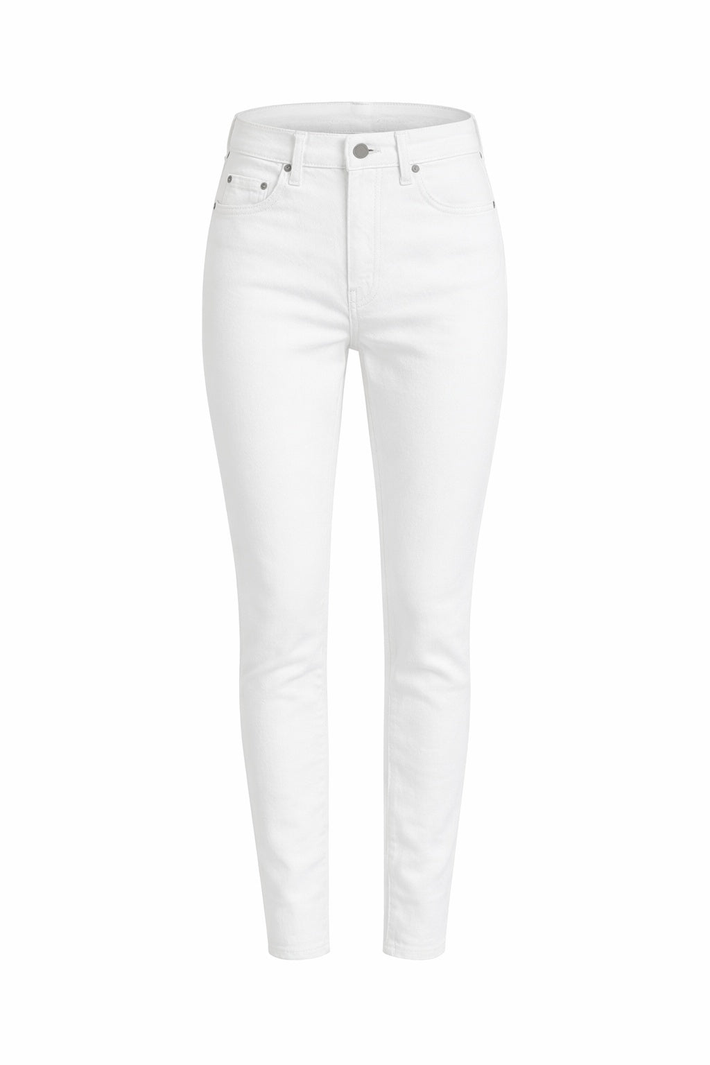 White slim leg stretch denim jeans with classic five-pocket design by Gordon Smith