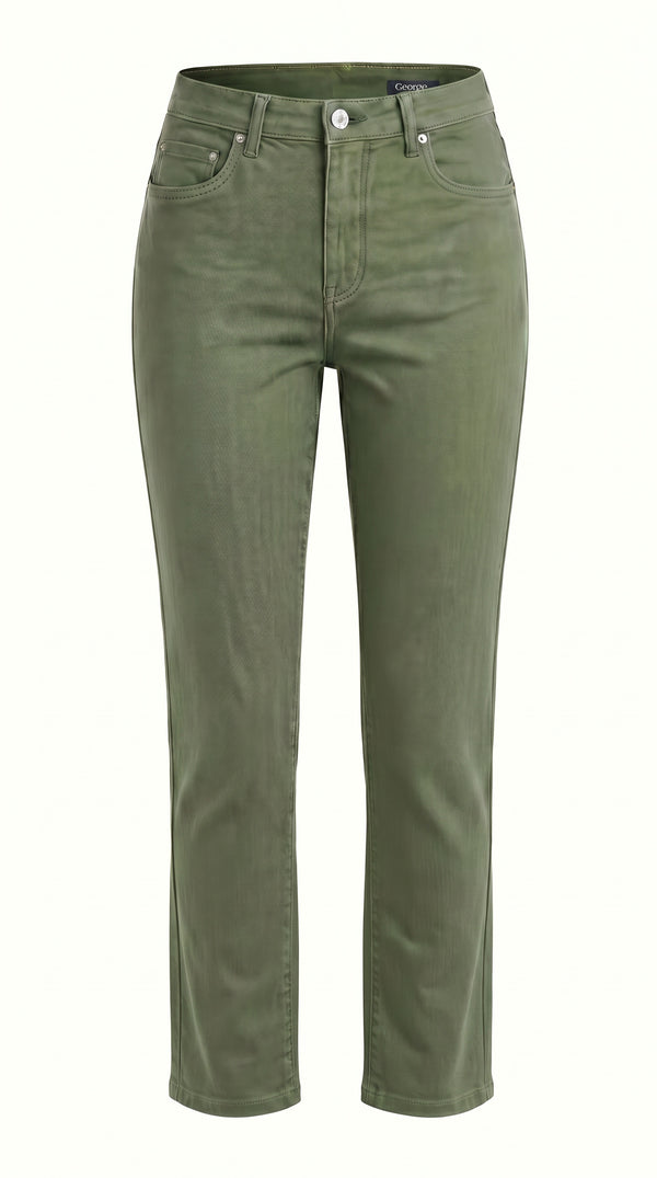 Khaki slim leg stretch denim jeans with classic five-pocket styling by Gordon Smith
