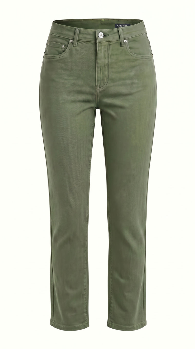 Khaki slim leg stretch denim jeans with classic five-pocket styling by Gordon Smith