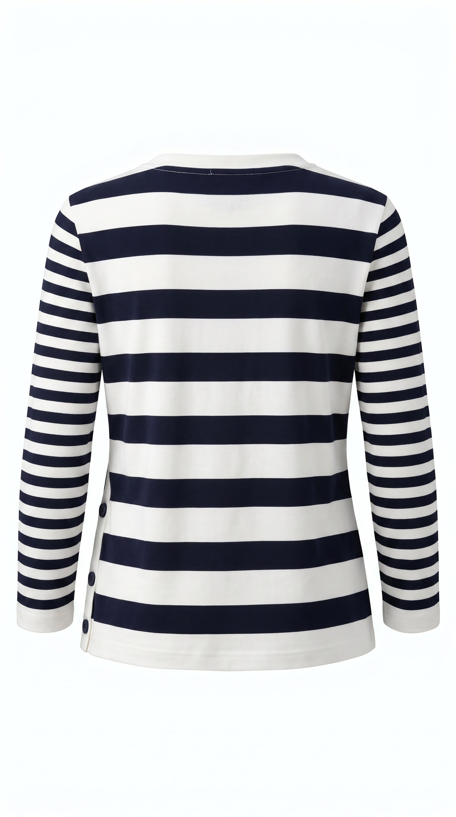 Navy and ivory striped long sleeve top with side button detail by Gordon Smith