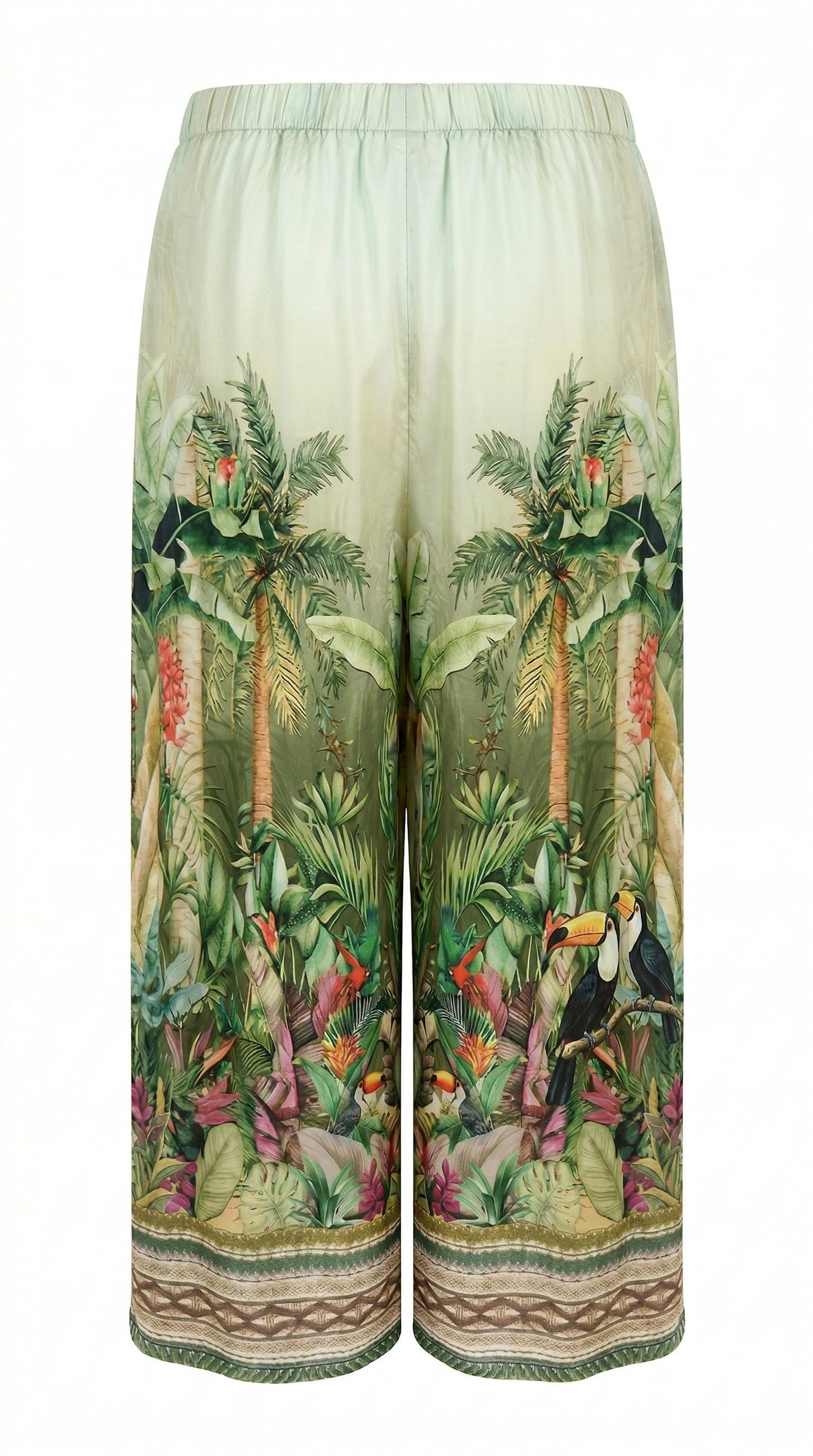 Gordon Smith green tropical toucan printed wide leg pant with elasticated waistband back