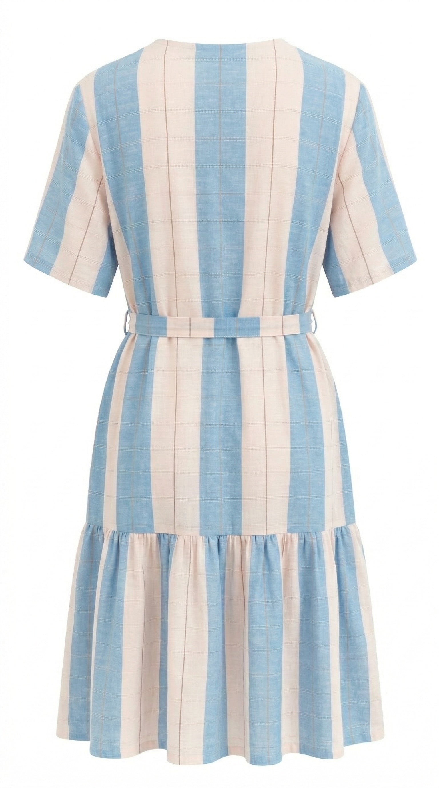 Holiday Lynwood blue and pink multi stripe tiered dress with short sleeves and notch neckline