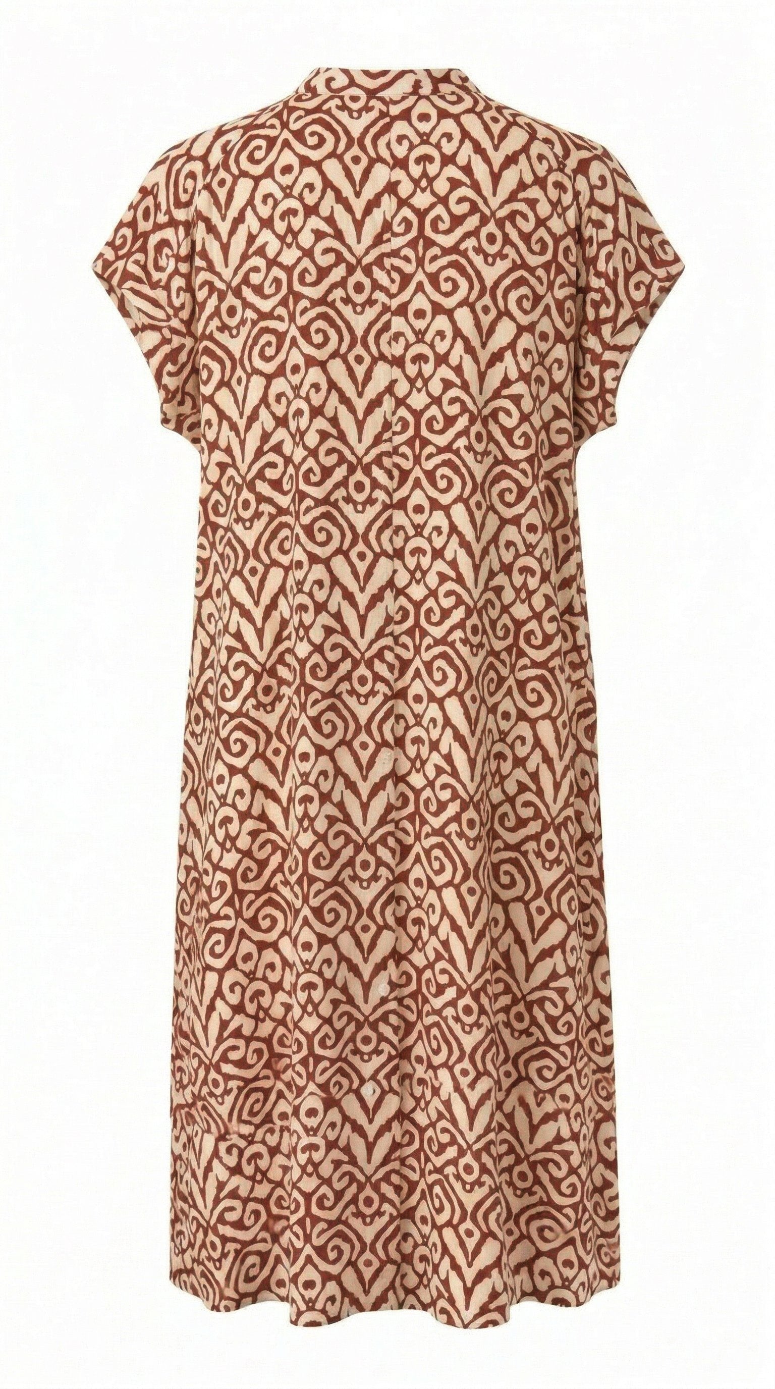 Isla Bonita coral and cream geometric printed midi dress with short sleeves and button neckline
