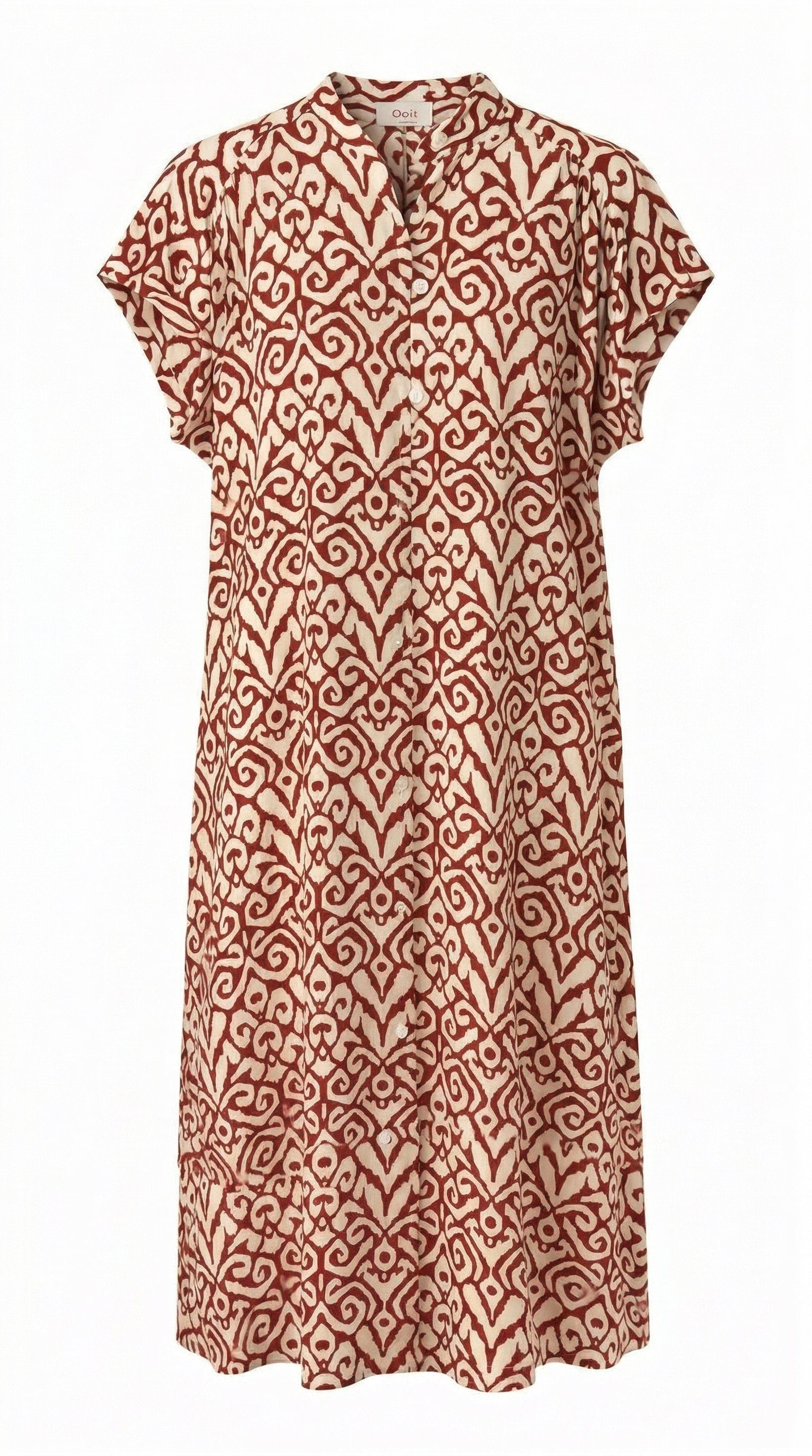 Isla Bonita coral and cream geometric printed midi dress with short sleeves and button neckline
