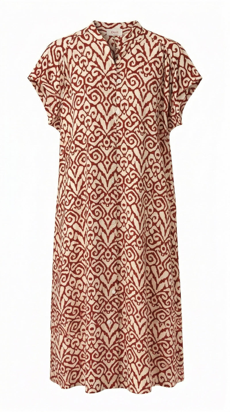 Isla Bonita coral and cream geometric printed midi dress with short sleeves and button neckline

