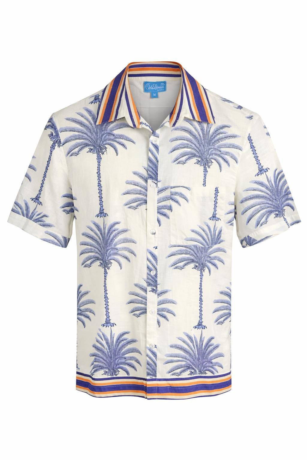 Isla Bonita grey and white short sleeve shirt with blue palm tree print and striped collar detail