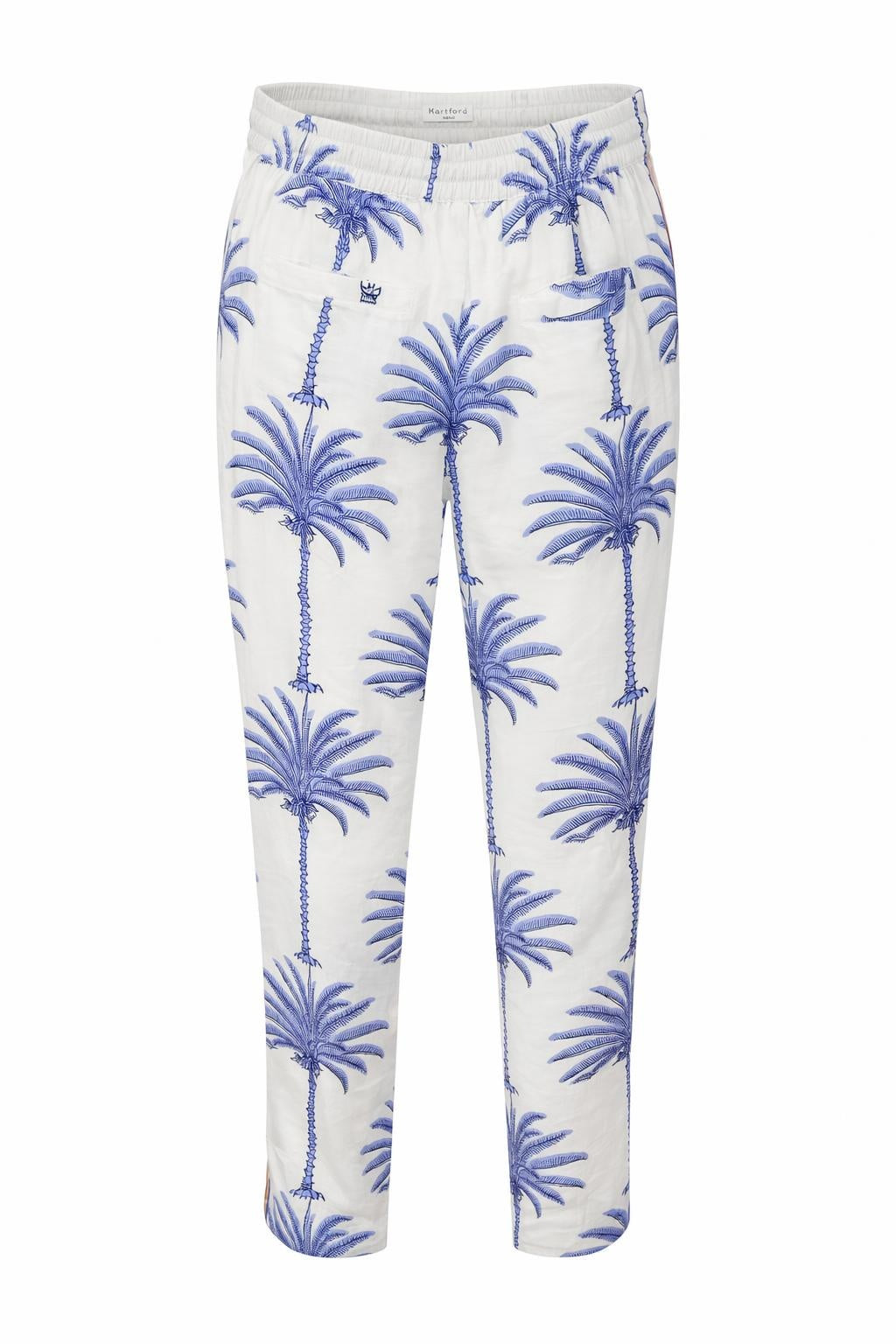Shop Isla Bonita palm print pants in grey and white at Boetiek, Cape Town. Lightweight, relaxed-fit pants with a tropical feel and easy comfort.