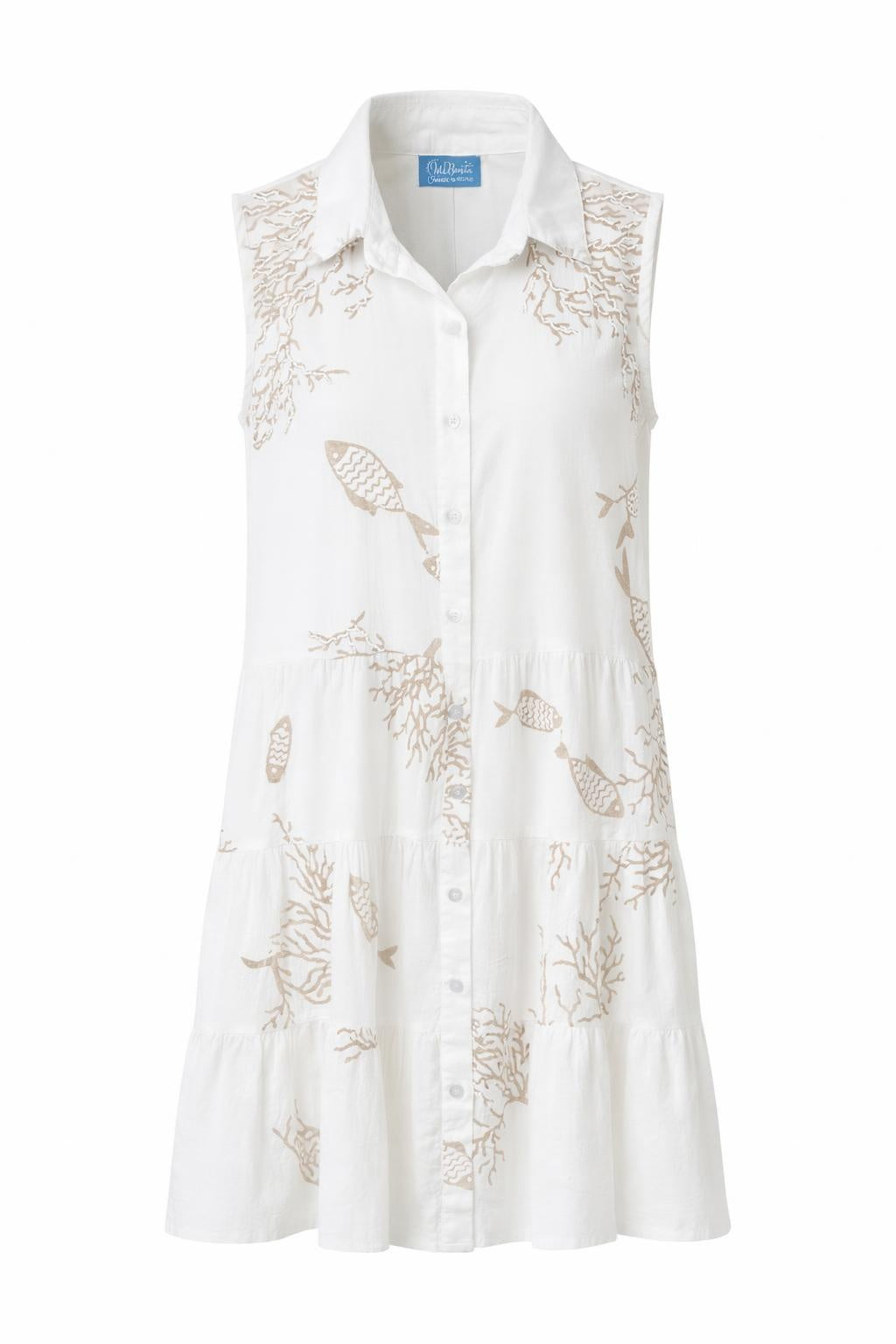 Isla Bonita white and beige printed sleeveless tiered shirt dress with button front and collar