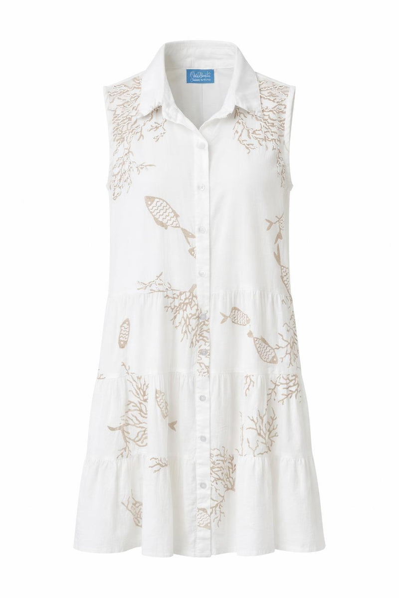 Isla Bonita white and beige printed sleeveless tiered shirt dress with button front and collar